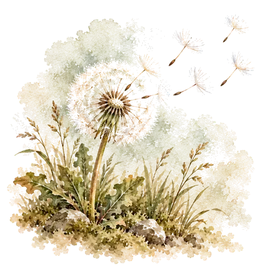 Watercolor of a dandelion seed head with seeds drifting away