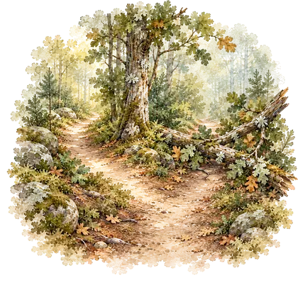 Watercolor of a forest path that forks, with a fallen branch across one way
