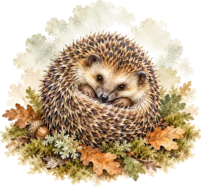Watercolor of a hedgehog curled up on moss and oak leaves