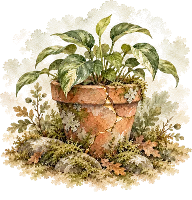 Watercolor of a cracked clay pot mended with gold, a healthy plant growing in it