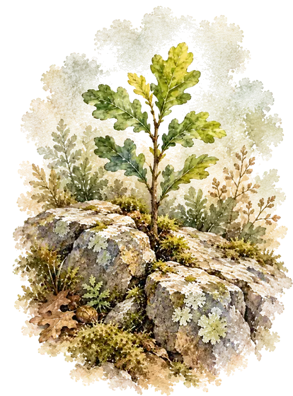 Watercolor of a young oak sapling growing up through a crack between mossy rocks